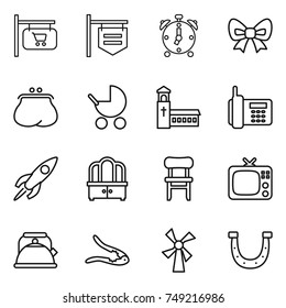 thin line icon set : shop signboard, alarm clock, bow, purse, baby stroller, church, phone, rocket, dresser, chair, tv, kettle, walnut crack, windmill, horseshoe