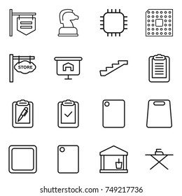 thin line icon set : shop signboard, chess horse, chip, cpu, store, presentation, stairs, clipboard, pen, check, cutting board, utility room, iron