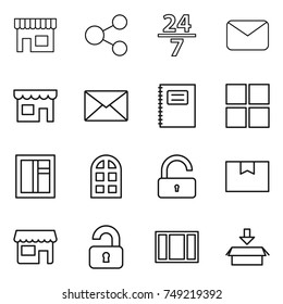 thin line icon set : shop, share, 24 7, mail, copybook, window, arch, unlock, package box, unlocked