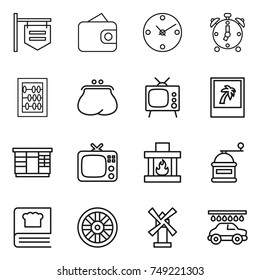 thin line icon set : shop signboard, wallet, clock, alarm, abacus, purse, tv, photo, wardrobe, fireplace, hand mill, cooking book, wheel, windmill, car wash