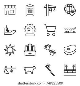 thin line icon set : shop, clipboard, tower crane, delivery, sea shipping, alarm, cart, bus, sun, dresser, pets, steake, plow, cow, tooth brush, skysrcapers cleaning