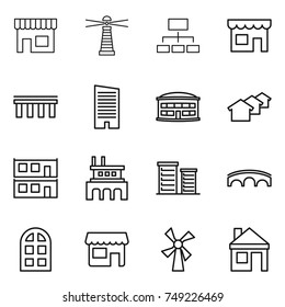 thin line icon set : shop, lighthouse, hierarchy, bridge, skyscraper, airport building, houses, modular house, factory, district, arch window, windmill