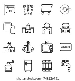 thin line icon set : shop signboard, alarm clock, delivery, cell corection, scales weight, castle, minaret, japanese house, fort, anchor, tv, welcome mat, hand mill, fridge, barrel, water tap