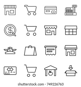 thin line icon set : shop, cart, card, cashbox, dollar arrow, market, scales, shopping bag, atm receipt, credit, warehouse, package