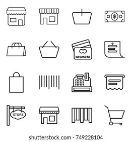 thin line icon set : shop, basket, money, shopping bag, credit card, list, bar code, cashbox, atm receipt, store signboard, cart