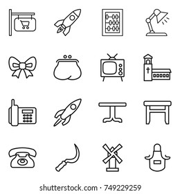 thin line icon set : shop signboard, rocket, abacus, table lamp, bow, purse, tv, church, phone, stool, sickle, windmill, apron
