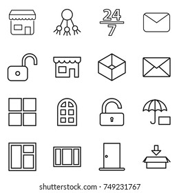 thin line icon set : shop, share, 24 7, mail, unlock, box, window, arch, insurance, door, package