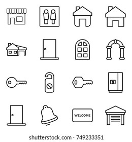 thin line icon set : shop, wc, home, house with garage, door, arch window, key, do not distrub, fridge, bell, welcome mat