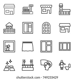 thin line icon set : shop, cashbox, mansion, cottage, window, arch, flower in, curtain, clean floor, skysrcapers cleaning, wiping, toilet