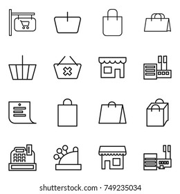 thin line icon set : shop signboard, basket, shopping bag, delete cart, store, list, cashbox, mall