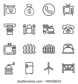 thin line icon set : shop signboard, money bag, phone, tv, column, minaret, train, fence, kettle, hand mill, fridge, windmill, farm