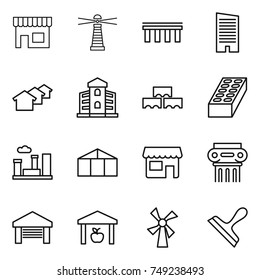 thin line icon set : shop, lighthouse, bridge, skyscraper, houses, building, block wall, brick, city, greenhouse, antique column, garage, warehouse, windmill, scraper