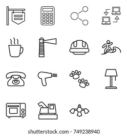 thin line icon set : shop signboard, calculator, molecule, notebook connect, hot drink, lighthouse, building helmet, surfer, phone, hair dryer, pets, floor lamp, grill oven, harvester