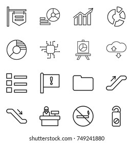 thin line icon set : shop signboard, diagram, circle, chip, presentation, cloude service, list, important flag, documents, escalator, reception, no smoking, do not distrub