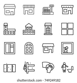 thin line icon set : shop, cashbox, mansion, cottage, building, window, arch, flower in, clean, skyscrapers cleaning, wiping, toilet