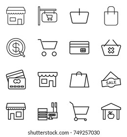 thin line icon set : shop, signboard, basket, shopping bag, dollar arrow, cart, credit card, delete, sale, mall, warehouse