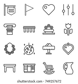 thin line icon set : shop signboard, flag, heart, equalizer, column, bridge, flower bed, perishable, hawaiian wreath, disco ball, restaurant, pendant, table, wardrobe, rocking chair, jug