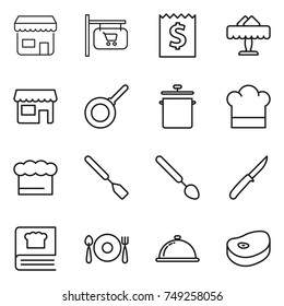thin line icon set : shop, signboard, receipt, restaurant, pan, cook hat, chief, spatula, big spoon, knife, cooking book, fork plate, meal cap, steake