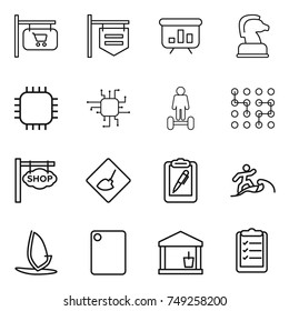 thin line icon set : shop signboard, presentation, chess horse, chip, hoverboard, under construction, clipboard pen, surfer, windsurfing, cutting board, utility room, list