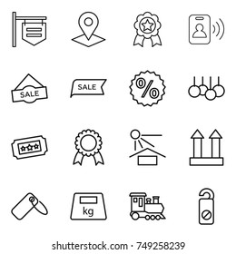 thin line icon set : shop signboard, pointer, medal, pass card, sale, percent, ticket, sun potection, cargo top sign, label, heavy, train, do not distrub