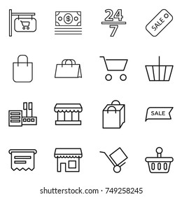 thin line icon set : shop signboard, money, 24 7, sale, shopping bag, cart, basket, store, market, atm receipt, trolley
