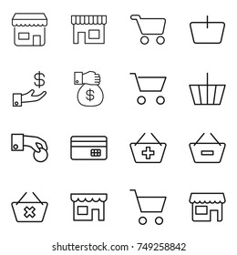 thin line icon set : shop, cart, basket, investment, money gift, hand coin, credit card, add to, remove from, delete