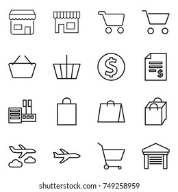 thin line icon set : shop, cart, basket, dollar coin, account balance, store, shopping bag, journey, plane, garage
