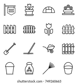 thin line icon set : shop signboard, flower, greenhouse, bed, fence, perishable, shovel, rake, wheelbarrow, bucket, fertilizer