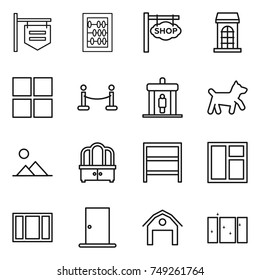 thin line icon set : shop signboard, abacus, building, window, vip fence, detector, dog, landscape, dresser, rack, door, barn, clean