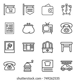 thin line icon set : shop signboard, wallet, alarm clock, abacus, purse, tv, phone, photo, wardrobe, dresser, stool, hand mill, cooking book, car wash