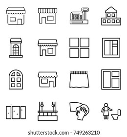 thin line icon set : shop, cashbox, cottage, building, window, arch, curtain, clean, skysrcapers cleaning, wiping, toilet
