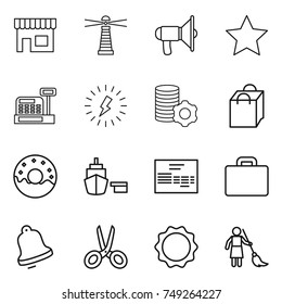 thin line icon set : shop, lighthouse, loudspeaker, star, cashbox, lightning, virtual mining, shopping bag, donut, port, invoice, suitcase, bell, scissors, induction oven, brooming