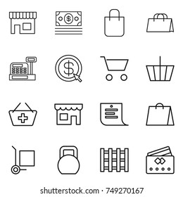 thin line icon set : shop, money, shopping bag, cashbox, dollar arrow, cart, basket, add to, list, cargo stoller, heavy, pallet, credit card