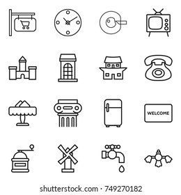 thin line icon set : shop signboard, clock, cell corection, tv, castle, building, japanese house, phone, restaurant, antique column, fridge, welcome mat, hand mill, windmill, water tap