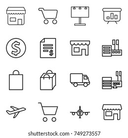 thin line icon set : shop, cart, billboard, presentation, dollar coin, account balance, store, shopping bag, delivery, mall, plane