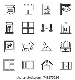 thin line icon set : shop signboard, billboard, abacus, building, window, vip fence, detector, photo, dog, landscape, dresser, barn, clean