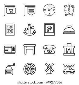 thin line icon set : shop signboard, clock, alarm, abacus, anchor, photo, service bell, wardrobe, stool, phone, fireplace, hand mill, wheel, windmill, car wash