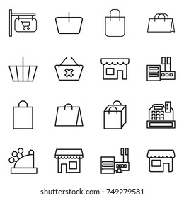 thin line icon set : shop signboard, basket, shopping bag, delete cart, store, cashbox, mall