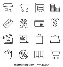 thin line icon set : shop, cart, signboard, coin stack, sale, medal, credit card, receipt, shopping list, bag, percent, bar code