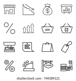 thin line icon set : shop, crisis, money bag, presentation, percent, graph up, remove from basket, delete cart, market scales, shopping list, label, cashbox, store signboard, mall