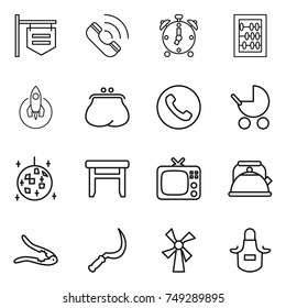 thin line icon set : shop signboard, call, alarm clock, abacus, rocket, purse, phone, baby stroller, disco ball, stool, tv, kettle, walnut crack, sickle, windmill, apron