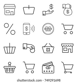 thin line icon set : shop, basket, investment, money gift, percent, phone pay, crypto currency, cart, hand coin, delete, credit card