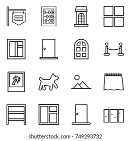 thin line icon set : shop signboard, abacus, building, window, door, arch, vip fence, photo, dog, landscape, curtain, rack, clean