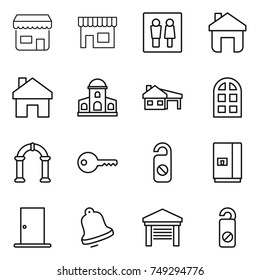 thin line icon set : shop, wc, home, mansion, house with garage, arch window, key, do not distrub, fridge, door, bell