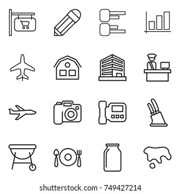thin line icon set : shop signboard, pencil, diagram, graph, plane, house, office, customs control, camera, intercome, knife holder, bbq, fork spoon plate, bank, spot