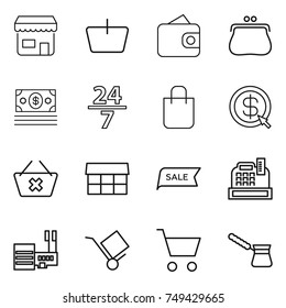 thin line icon set : shop, basket, wallet, purse, money, 24 7, shopping bag, dollar arrow, delete cart, market, sale, cashbox, mall, trolley, turk