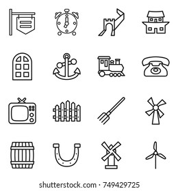 thin line icon set : shop signboard, alarm clock, greate wall, japanese house, arch window, anchor, train, phone, tv, fence, fork, windmill, barrel, horseshoe