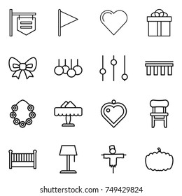 thin line icon set : shop signboard, flag, heart, gift, bow, sale, equalizer, bridge, hawaiian wreath, restaurant, pendant, chair, crib, floor lamp, scarecrow, pumpkin