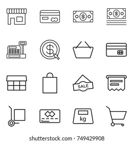 thin line icon set : shop, card, money, cashbox, dollar arrow, basket, credit, market, shopping bag, sale, atm receipt, cargo stoller, heavy, cart