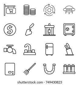 thin line icon set : shop signboard, coin stack, around gear, ufo, dollar, construction, detector, safe, water tap, fridge, stands for knives, kitchen scales, fork, horseshoe, grain elevator